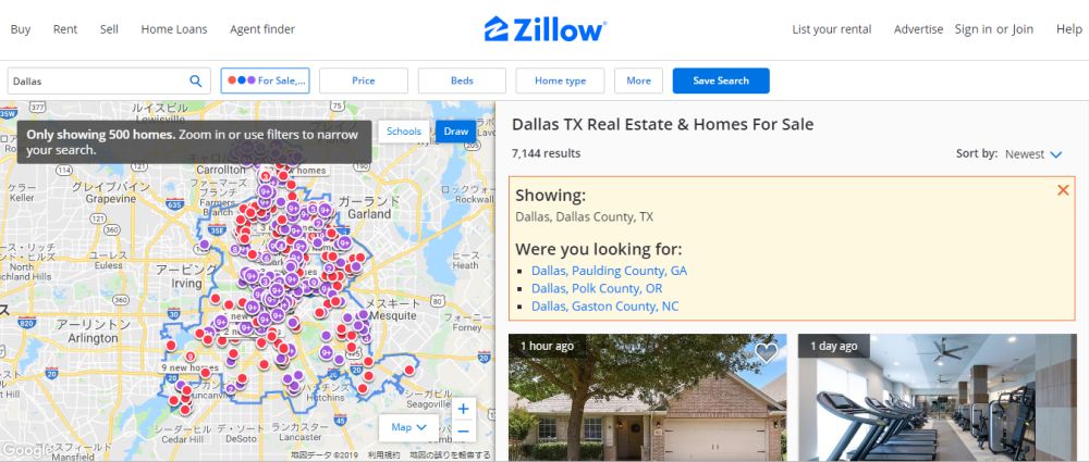 画像:ZillowサイトでDallasと入力した際のページの様子